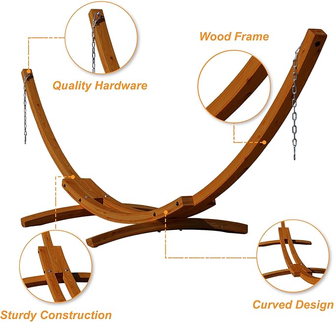 Lazy Daze Hammocks 12 FT Double Quilted Fabric Hammock and 13 FT Brown Wood Arc Stand, with Spreader Bar, Removable Pillow, 2 Person Hammock for Outdoor Patio Poolside, 450 lb Capacity, Brown
