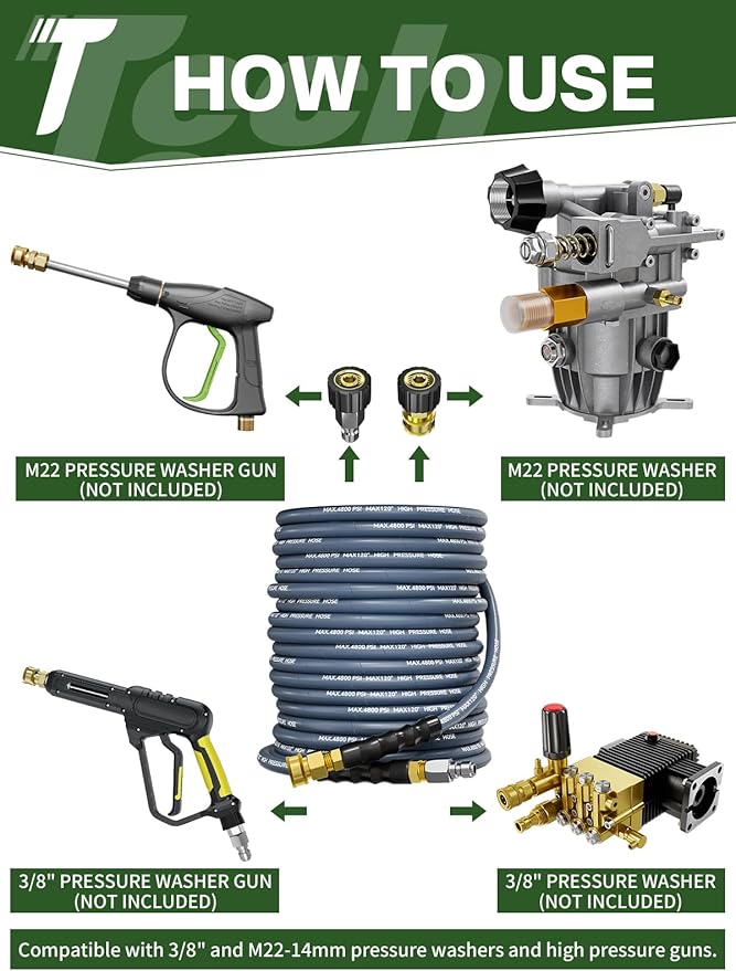 3/8" 4800PSI Pressure Washer Hose 75FT with Swivel Quick Connect for Cold/Hot Water Max 248°F, Kink Resistant Steel Wire Braided, Wear Resistant Power Washer Hose with M22 14mm Adapter