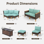 GREEN PARTY 8 Pieces Wicker Patio Furniture Set with 56" Fire Pit Table, All-Weather Outdoor Rattan Patio Half-Moon Curved Sectional Sofa Conversation Set with 4" Thick Cushions for Garden (Blue)