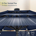 PHI VILLA 10ft Patio Umbrella with Light, Outdoor Large Auto-Tilt 3 Tier Market Table Umbrellas with 8 Sturdy Ribs and 1.5" Pole for Lawn Poolside Garden Terrace,Navy Blue