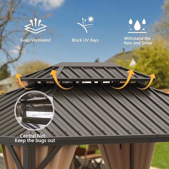 Domi 12'x16' Hardtop Gazebo Canopy Metal,Outdoor Metal Gazebo with Galvanized Steel Double Roof,Curtain and Netting,Permanent Gazebo Pavilion for Patio Deck,Backyard