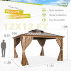 MELLCOM 12'x12' Hardtop Gazebo, Wood Grain Aluminum Frame Outdoor Gazebo with Double Galvanized Steel Roof, Permanent Metal Pavilion with Curtains and Nettings for Patio, Backyard, Deck and Lawns