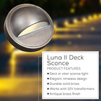 Light to Form® | Luxury Brass Luna II | Low-Voltage Deck & Step Light 3W | 12V AC | 2700K Bulb | Frosted Lens | Antique Brass Finish | Outdoor Landscape Sconce | Weather Resistant | Energy Efficient