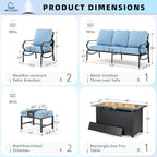 MFSTUDIO 6 Pieces Patio Furniture Sets with 45" Gas Fire Pit Table(Up to 7 Seat),Outdoor Metal Conversation Sofas with 1 x 3-Seat Sofa, 2 Sofa Chairs and 2 Ottoman,Blue Cushion