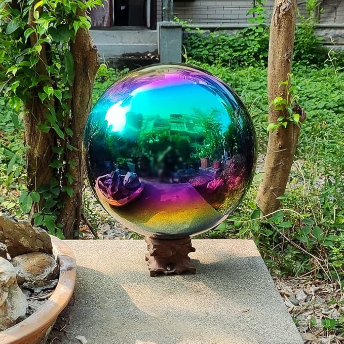 20cm/8 inch Garden Sphere Mirror Gazing Ball,Rainbow Stainless Steel Polished Reflective Smooth Hollow Globe Ball,Durable Colorful and Shiny Decorations Addition to Garden Patio Yard Home
