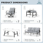 MFSTUDIO 6 Pieces Metal Patio Furniture Sets, 2 Swivel Chair, 1 Deep Seating 3-Seat Sofa, 2 Ottoman & 1 Marbling Coffee Table, All Weather 7 Seats Outdoor Conversation Set for Garden Backyard, Grey