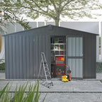 Backyard Storage Shed 11x9ft with Windows, Dark Gray Galvanized Steel Garden Shed - 630 Cu.Ft Outdoor Utility Shed, Lockable Double Doors & Sloped Roof for Patio