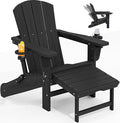 KINGYES Folding Adjustable Adirondack Chair with Retractable Ottoman, HDPE Reclining Adirondack Chair with Cup Holder, Black