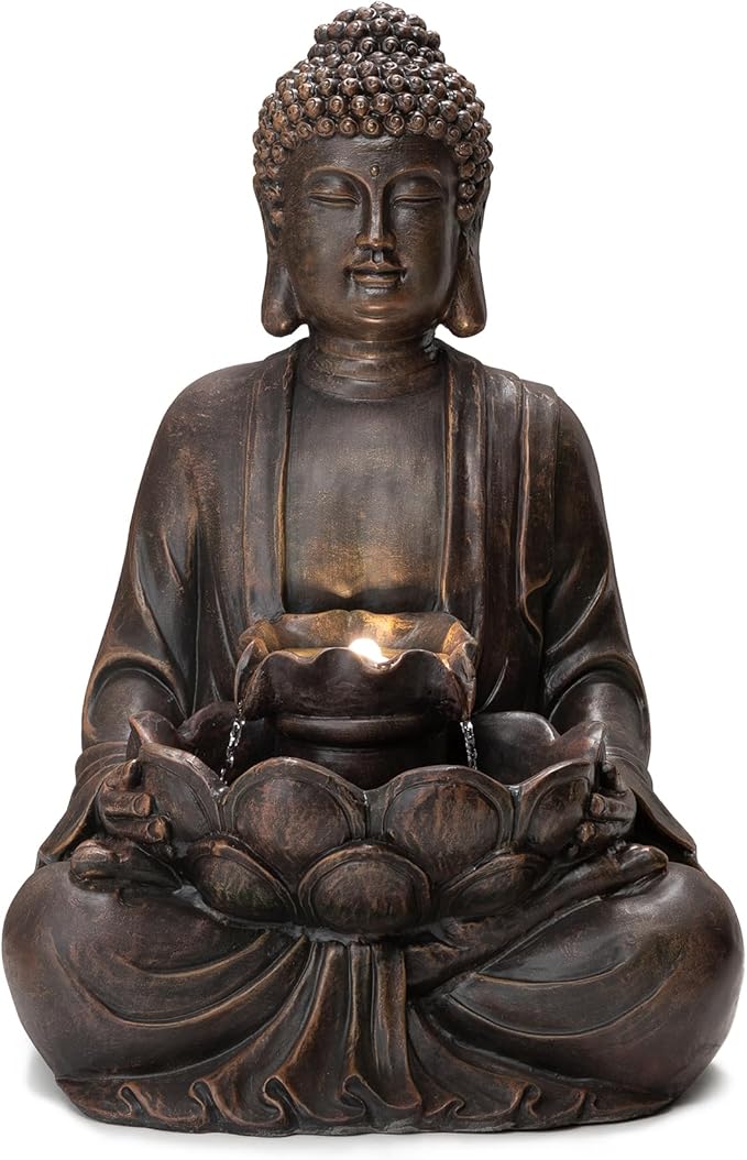 Glitzhome Buddha Fountain with Pump & LED Light, 2 Tier Zen Style Meditating Buddha Water Fountain Outdoor Fountains and Waterfalls Outdoor Buddha Statues for Garden Patio Backyard 28" H
