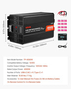 VEVOR 4000W Power Inverter, 12V DC to 120V AC Pure Sine Wave Inverter, Solar Car Charger Converter with LCD Display, Remote Control, 2 USB Ports, 4 AC Outlets, Type-C Port, for RV, Truck Outdoor