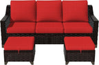Vista Vibe 3 Pieces Outdoor Patio Conversation Furniture Set - 78" 3-seat Sofa | 2 Wicker Ottomans, Deep Seat Loveseat with Removable Cushions, Hand-Woven PE Rattan Couch, Lawn (Brown/Red)