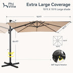 PHI VILLA 10ft Patio Umbrella with Base. 360° Rotation & 7-Level Tilt Outdoor Cantilever Umbrella with Easy Crank Handle. Square Offset Umbrella Heavy Duty for Garden Poolside Backyard (Beige)