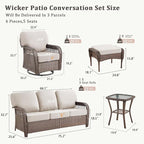 6 Pieces Patio Furniture Set Outdoor Sectional Sofa Couch with Rocking Swivel Chairs 5" Deep Seat Chairs, Modern Wicker Rattan Conversation Set, Beige/Brown Wicker