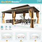 EROMMY 12'x20' Gazebo Hardtop, Galvanized Steel Double Roof Metal Gazebo with Aluminum Frame, Permanent Outdoor Pavilion with Curtain and Netting for Patio, Lawn and Garden, Brown