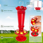 10 OZ Glass Hummingbird Feeders for Outdoors Hanging - Red 2 Pack, Ant & Bee Proof and 6 Feeding Ports, Garden Yard Décor Gifts for Mom