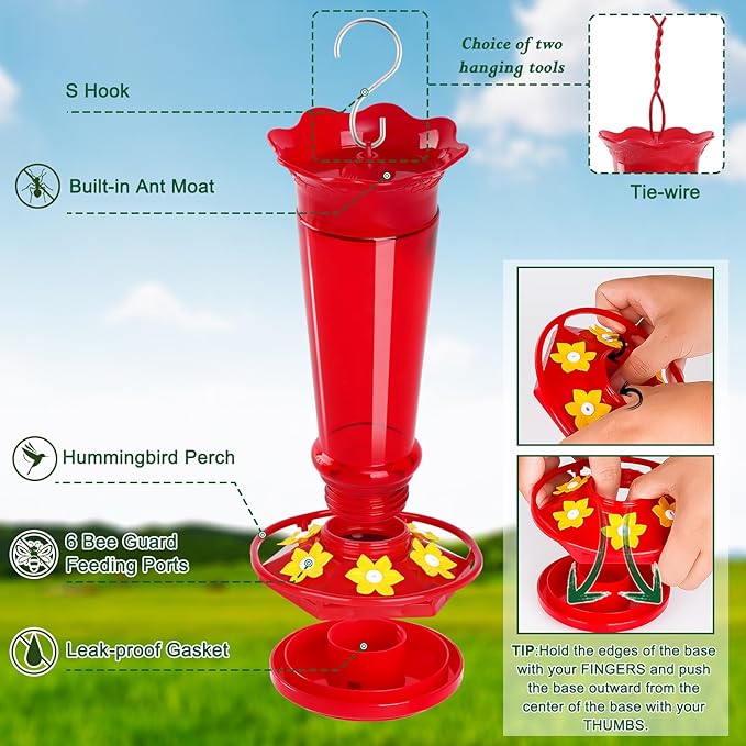 10 OZ Glass Hummingbird Feeders for Outdoors Hanging - Red 2 Pack, Ant & Bee Proof and 6 Feeding Ports, Garden Yard Décor Gifts for Mom