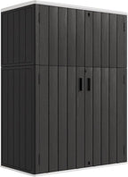 KINYING Outdoor Storage Cabinet Waterproof, 57 Cu.ft Resin Vertical Outdoor Storage Shed for Patio Furniture, Garden Tools, Pool Accessories, Mower Storage (Black)