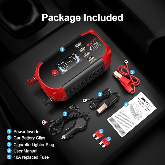 BELTTT 300W Inverter 12V to 110V, 600W Peak Car Power Inverter Dc to Ac Converter for Vehicles, Car Adapter for Plug with 2 AC Outlets, 4 USB Ports and Smart LCD Display, Car Charger for Laptop