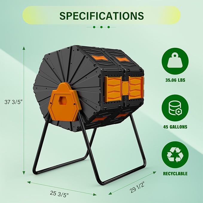 Compost Bin Outdoor 45 Gallon, BPA-Free Dual Chamber Rotating Composter for Kitchen Waste, Heavy-Duty Fast Compost Tumbler Great Sustainable Gift for Winter Garden Yard & Spring Ready Soil