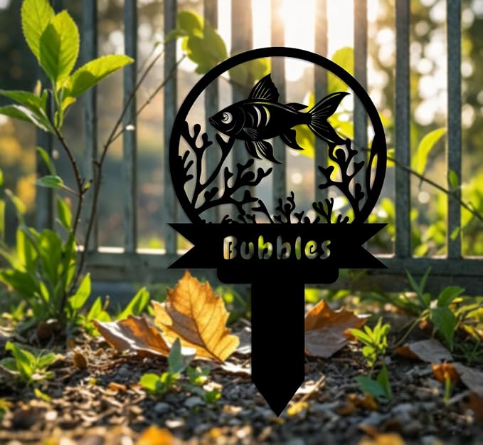 Custom Fish Metal Memorial Plque,Personalized Fish Remembrance Stake,Fish Loss,Grave Markers,Outdoor Garden Yard Sign 20inch