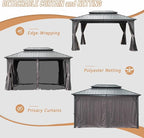 Domi 12' x 16' Hardtop Gazebo Permanent Metal Gazebo with Galvanized Steel Double Roof Canopy, Curtains, and Netting for Patio Lawn and Garden, Grey