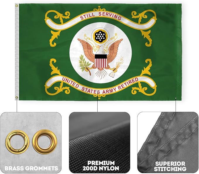 AGAS US Army Retired Military Flag 2x3 Ft - Printed 200 Denier Nylon - Double Stitched Edges Canvas Header Brass Grommets - Indoor/Outdoor United States Army Retired Garden Flag