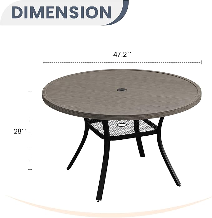 VICLLAX Round Patio Dining Table, 4-6 Person Metal Outdoor Dining Table with Umbrella Hole for Garden Lawn Deck, 47.2" Grey