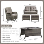 Rilyson 6 Piece Outdoor Patio Furniture Set - Rattan Wicker Patio Conversation Sets with 2 Swivel Rocker Chairs,2 Ottomans,1 Loveseat and 1 Coffee Table for Outside Porch Deck Yard(Mixed Grey/Grey)