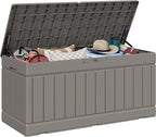 JUMMICO 78 Gallon Outdoor Deck Box Large Resin Storage Box for Patio Furniture Cushions and Garden Tools (Light Brown)