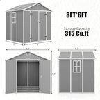 Outdoor Shed 5x3/6x4/7x7/8x6/8x10/8x12 FT, 15MM Thick PP Resin Plastic Shed with Lockable Door & Floor - Waterproof Plastic Tool Shed for Bike, Garbage Can, Backyard, Patio ﻿ ﻿ (Grey, 8x6FT)