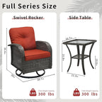 3 Pieces Patio Furniture Set, Outdoor Swivel Rocking Chair Set of 2 with Side Table - 360° Swivel, Thick Cushions, All-Weather Bistro Set for Deck, Porch, Pool(Wine Red, Grey Full-Weave Rattan)