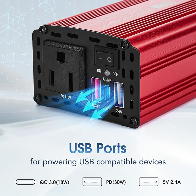 300W Car Power Inverter,12V DC to 110V AC Inverter Converter for Vehicles, PD (Type-C) QC3.0 and 2.4A USB Car Adapter with Cigarette Lighter Ports for Smartphones Laptops Tablets