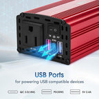 300W Car Power Inverter,12V DC to 110V AC Inverter Converter for Vehicles, PD (Type-C) QC3.0 and 2.4A USB Car Adapter with Cigarette Lighter Ports for Smartphones Laptops Tablets