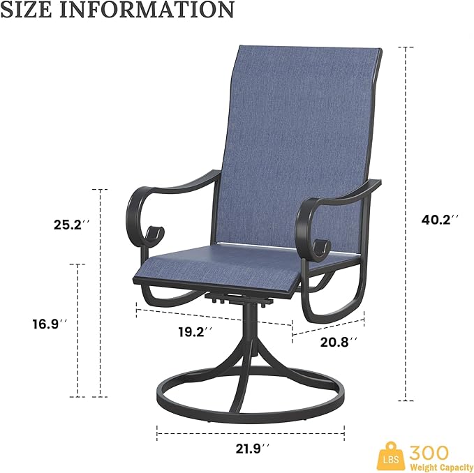 VICLLAX Swivel Patio Chairs Set of 2, 360-degree All-Weather Outdoor Swivel Chairs for Lawn Garden, Patio Dining Chairs, Black Metal Frame and Blue Textilene Mesh Fabric