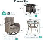 7 Piece Patio Furniture Set with Fire Pit Table - Wicker Patio Conversation Set with 4 Swivel Glider Chairs and 2 Tempered Glass Side Tables for Deck Backyard - Grey Wicker Grey Cushion