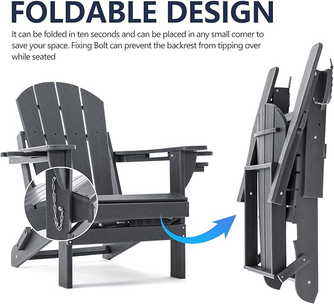 Folding Adirondack Chair, HDPE Outdoor Texture Lawn Chair with Reclining Back, Cup and Phone Holder - Comfortable Firepit Chair Weather Resistant for Patio or Backyard (Grey, Set of 4)