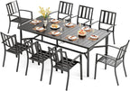 PHI VILLA 9 Pieces Outdoor Dining Set for 8, Large Rectangular Metal Table with Umbrella Hole & Stackable Wrought Iron Chairs, Dining Furniture for Patio, Deck, Yard, Porch