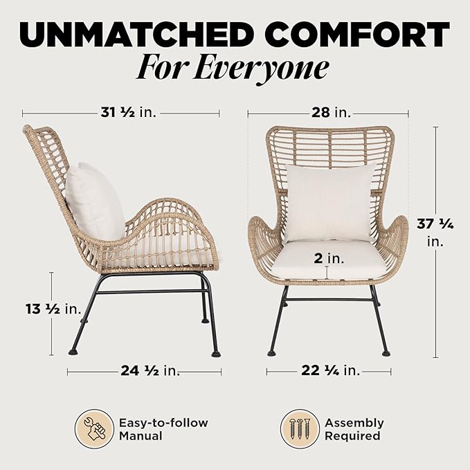 IDZO Isabelle Wicker Chairs Set of 2, 2000 Hours UV Wicker Rattan Chair, 500lbs Capacity Boho Patio Chairs with Thick Olefin Cushions and Pillows for, Indoor Use