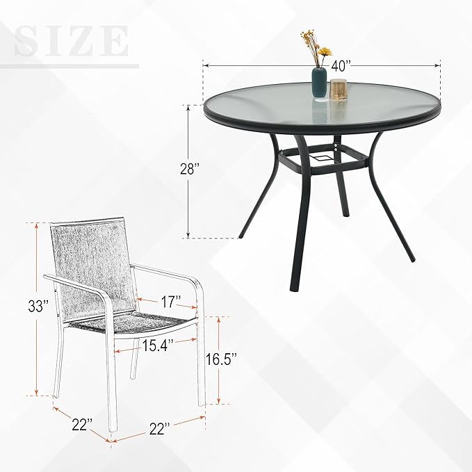 5-Piece Outdoor Patio Dining Set, 40-Inch Round Glass Table with 4 Stackable Chairs, Black