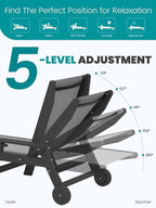 SERWALL Textilene Patio Chaise Lounge Chair Set of 2, 5 Positions Outdoor Lounge Chair with Rolling Wheels for Pool, Deck, Black