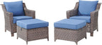 Outdoor Wicker Chair Patio Chairs-Rattan Wicker Chairs with Ottomans Patio Conversation Sets for Porch Garden Balcony Backyard Poolside-Brown/Blue