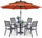 PHI VILLA Outdoor Dining Set 6 PCS with 10ft 3-Layer Round Umbrella(Orange Red),1 Square 37"x 37"Dining Table,4 Bistro Chairs& 10ft Patio Umbrella