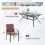 7 Piece Patio Dining Set for 6, Rectangular Metal Dining Table with Umbrella Hole and 6 Chairs, Outdoor Table and Chairs Set for Lawn Backyard and Deck, Red