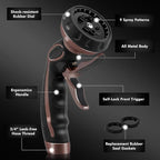 RESTMO Hose Nozzle with Easy Self-Lock Trigger, Heavy Duty Metal Water Hose Sprayer with 9 Spray Patterns and On/Off Valve, Ideal for Outdoor Lawn & Garden Watering, Car & Pet Washing, Brown