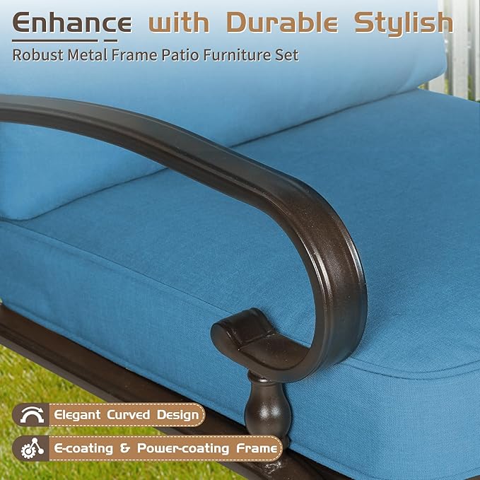 5Pcs Outdoor Furniture Patio Conversation Sets Loveseat, 2 Motion Spring Chairs with Coffee Table, Metal Frame Chair Set (Peacock Blue)