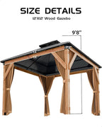 GAOMON Hardtop Spruce Wood Gazebo 12'x12', with Double Roof of Metal Sheets, 4.7'' Heavy Duty Poles, Net, and Curtain, Permanent Building for Patio, Deck, Backyard, Lawn, and Garden, Khaki