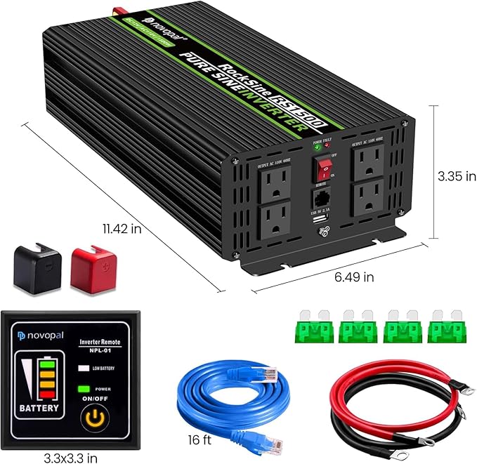 Novopal 1500W Pure Sine Wave Inverter, 12V DC to 110V/120V AC Car Power Converter, DC-AC Power Inverter with 4 Outlets, High-Power Interface，16ft Remote Control, LCD Display