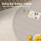 VICLLAX Outdoor Patio Round Dining Table, 53"x 53" Metal Slatted Round Tabletop with Adjustable Umbrella Hole for Deck Lawn Garden Backyard, Sandshell
