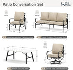 PHI VILLA 6 Piece Patio Furniture Sets with 1 x 3 Seater Padded Deep Seating Bench, 4 x Leg Cushioned Sofa Chairs and 1 x Coffee Table, Outdoor Conversation Metal Furniture Set for 7