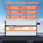 500W Power Inverter, DC 12V to 120V AC Converter for Vehicles Car, Pure Sine Wave Adapter with USB Port and 2 AC Outlets Car Charger for Laptop Smartphone Small Power Tool